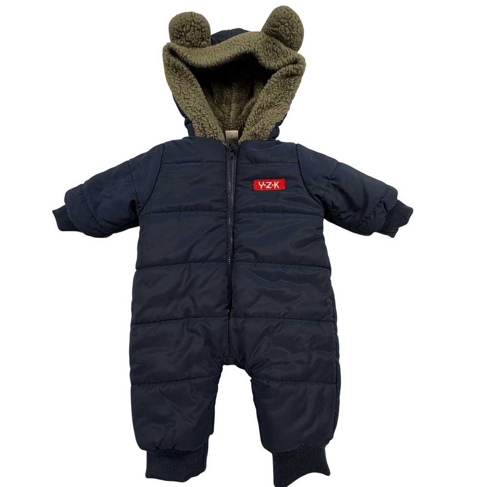 SHEIN Baby Puffer Snowsuit 1‎ 3 Months Navy Blue Bear Hood Winter Outfit Cozy